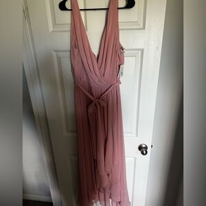 ballet pink David’s bridal bridesmaid dress with chiffon bow and detailing